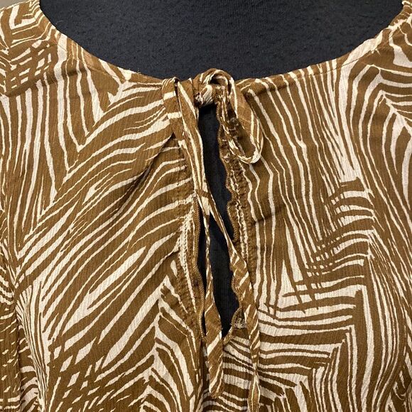 Talbots Blouse Medium Brown White Leaf Silk Drawstring Tie Sleeve Sheet - Picture 2 of 7